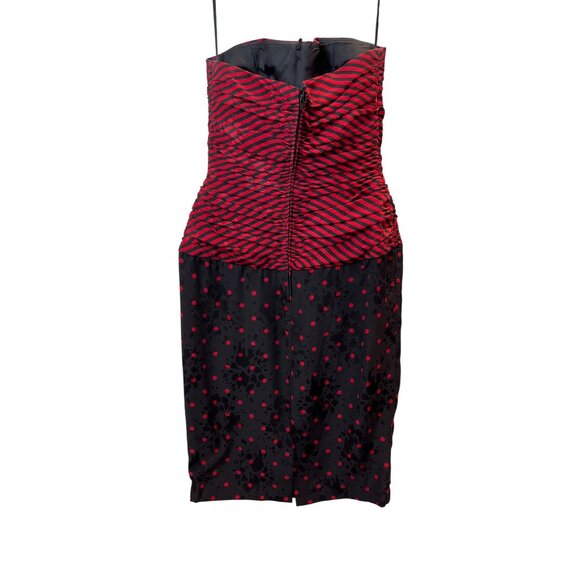 Vintage A.J. Bari Strapless Red & Black Striped Polka Dot Dress Szize 4 - Picture 2 of 8